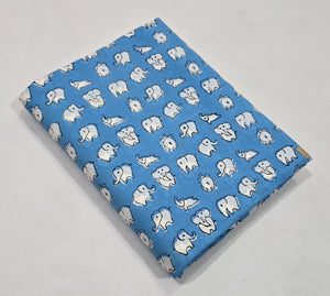 Blue and White Sanganeri Hand Block Printed Pure Cotton Fabric with Elephant design