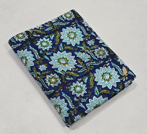 Blue and Green Sanganeri Hand Block Printed Pure Cotton Fabric with Floral design