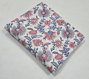 Blue and White Sanganeri Hand Block Printed Pure Cotton Fabric with Floral design