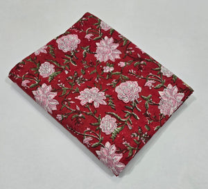 Pink and Red Sanganeri Hand Block Printed Pure Cotton Fabric with Floral design