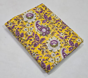 Purple and Yellow Sanganeri Hand Block Printed Pure Cotton Fabric with Floral design