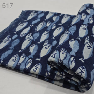 Blue and White Dabu Indigo Hand Block Printed Pure Cotton Fabric with fish print