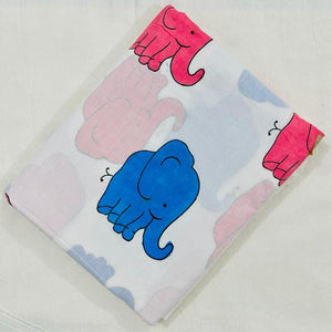 Blue and Pink Sanganeri Hand Block Printed Pure Cotton Fabric with elephant cartoon print