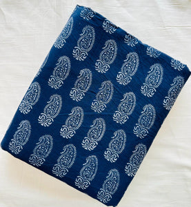 Blue and White Hand Block Printed Pure Cotton Fabric with paisley print