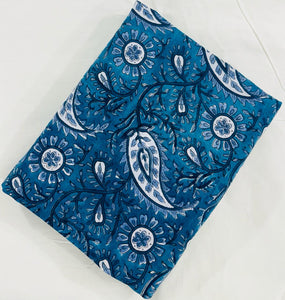 Blue and white Hand Block Printed Pure Cotton Fabric with floral print