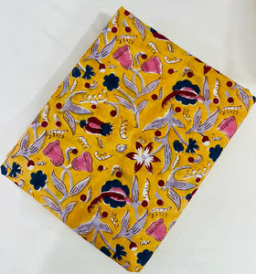 Yellow Hand Block Printed Pure Cotton Fabric with floral print