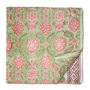 Peach and Green Sanganeri Hand Block Printed Pure Cotton Fabric with floral print