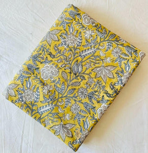 Yellow and White Sanganeri Hand Block Printed Pure Cotton Fabric with floral print