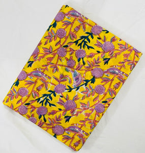 Yellow and Pink Sanganeri Hand Block Printed Cotton Fabric with floral and bird design