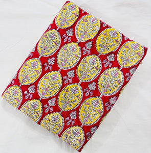 Red and Yellow Sanganeri Hand Block Printed Cotton Fabric with floral design