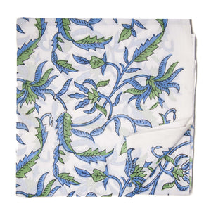 Blue and Green Sanganeri Hand Block Printed Cotton Fabric with floral design