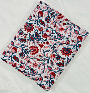 Red and Blue Sanganeri Hand Block Printed Cotton Fabric with floral design