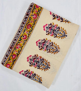 Yellow and Off white Sanganeri Hand Block Printed Cotton Fabric with floral design