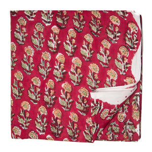 Red and Yellow Sanganeri Hand Block Printed Cotton Fabric with floral design