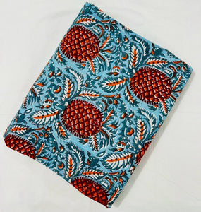 Blue and Red Sanganeri Hand Block Printed Cotton Fabric with pineapple design