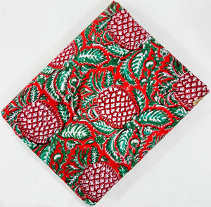 Red and Green Sanganeri Hand Block Printed Cotton Fabric with pineapple design