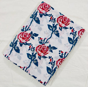 Red and Blue Sanganeri Hand Block Printed Cotton Fabric with rose design