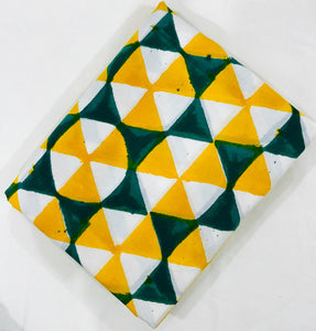 Yellow and Green Sanganeri Hand Block Printed Cotton Fabric with abstract design