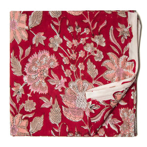 Red and Peach Sanganeri Hand Block Printed Cotton Fabric with floral design