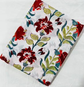 Red and Green Sanganeri Hand Block Printed Pure Cotton Fabric with floral print