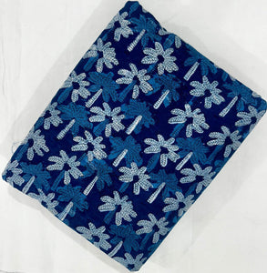 Blue and white Sanganeri Hand Block Printed Pure Cotton Fabric with floral print