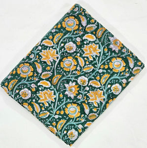 Green and Yellow Sanganeri Hand Block Printed Pure Cotton Fabric with floral print