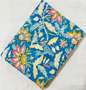 Blue and Yellow Sanganeri Hand Block Printed Pure Cotton Fabric with floral print