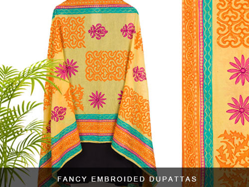 Fancy embroided dupattas in Art Silk. Dupattas in colourful and vibrant colours.