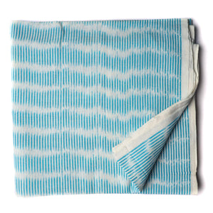 Precut 0.75 meters -Aqua Blue Ikat Pochampally Woven Cotton Fabric Stripes