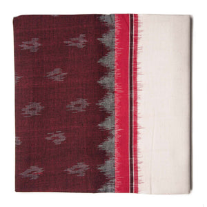 Maroon and off white Ikat Cotton Fabric with Double Ikat Border