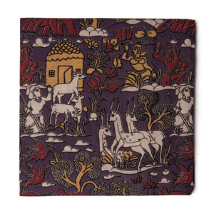 Maroon Kalamkari Screen Printed Cotton Fabric with animal and human figures