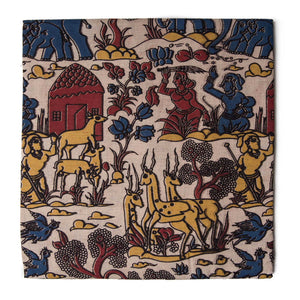 Red and Blue Kalamkari Screen Printed Cotton Fabric with animal and human figures