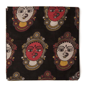 Black Kalamkari Screen Printed Cotton Fabric with female face