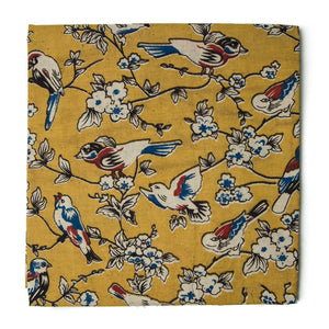 Yellow floral Kalamkari Screen Printed Cotton Fabric  with Bird print