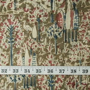 Precut 0.25 meters -Green & Off White Kalamkari Handblock Printed Cotton Fabric 1m