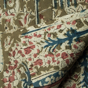 Precut 0.25 meters -Green & Off White Kalamkari Handblock Printed Cotton Fabric 1m