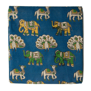 Blue and Off white Kalamkari Screen Printed Cotton Fabric with elephant and peacock print