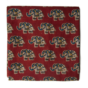 Red and Blue Kalamkari Screen Printed Cotton Fabric with elephant print