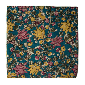 Blue and Yellow Kalamkari Screen Printed Cotton Fabric with floral and fish print