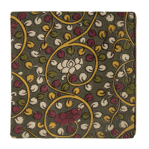 Yellow and Grey Kalamkari Screen Printed Cotton Fabric with floral print