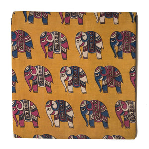 Yellow Kalamkari Screen Printed Cotton Fabric with elephant print