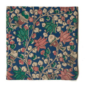 Blue and pink Kalamkari Screen Printed Cotton Fabric with floral and fish design