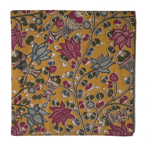 Yellow and pink Kalamkari Screen Printed Cotton Fabric with floral and fish design