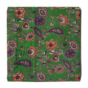 Green and Orange Kalamkari Screen Printed Cotton Fabric with floral design