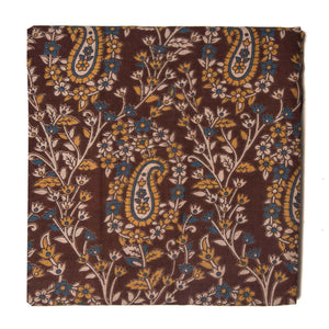 Brown and yellow Kalamkari Screen Printed Cotton Fabric with floral and paisley design
