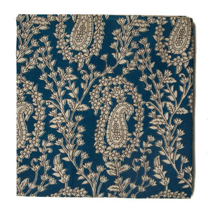 Blue and off white Kalamkari Screen Printed Cotton Fabric with floral and paisley design