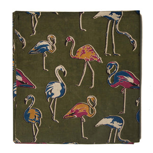 Green and Yellow Kalamkari Screen Printed Cotton Fabric with flamingo bird design