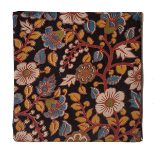 Black and Yellow Kalamkari Screen Printed Cotton Fabric with floral  design