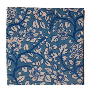 Blue and Off White Kalamkari Screen Printed Cotton Fabric with floral  design