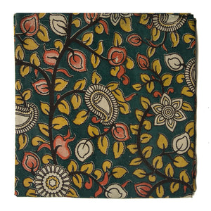 Green and yellow Kalamkari Screen Printed Cotton Fabric with floral  design